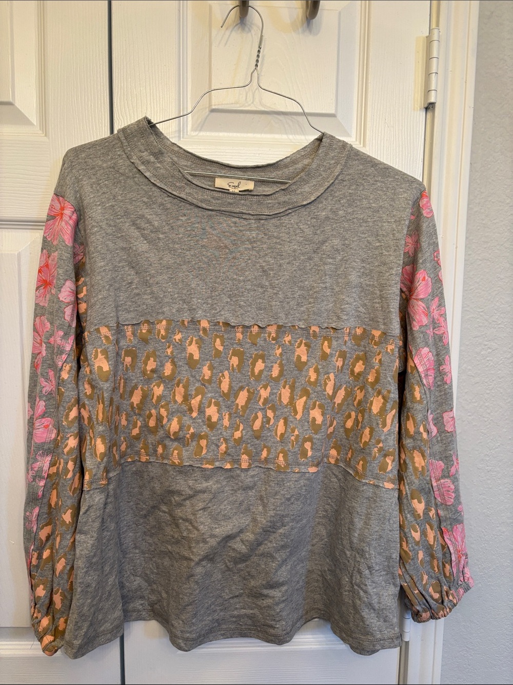 easel Grey Long Sleeve Top with Pink Floral Sleeves and Peach Leopard Panel